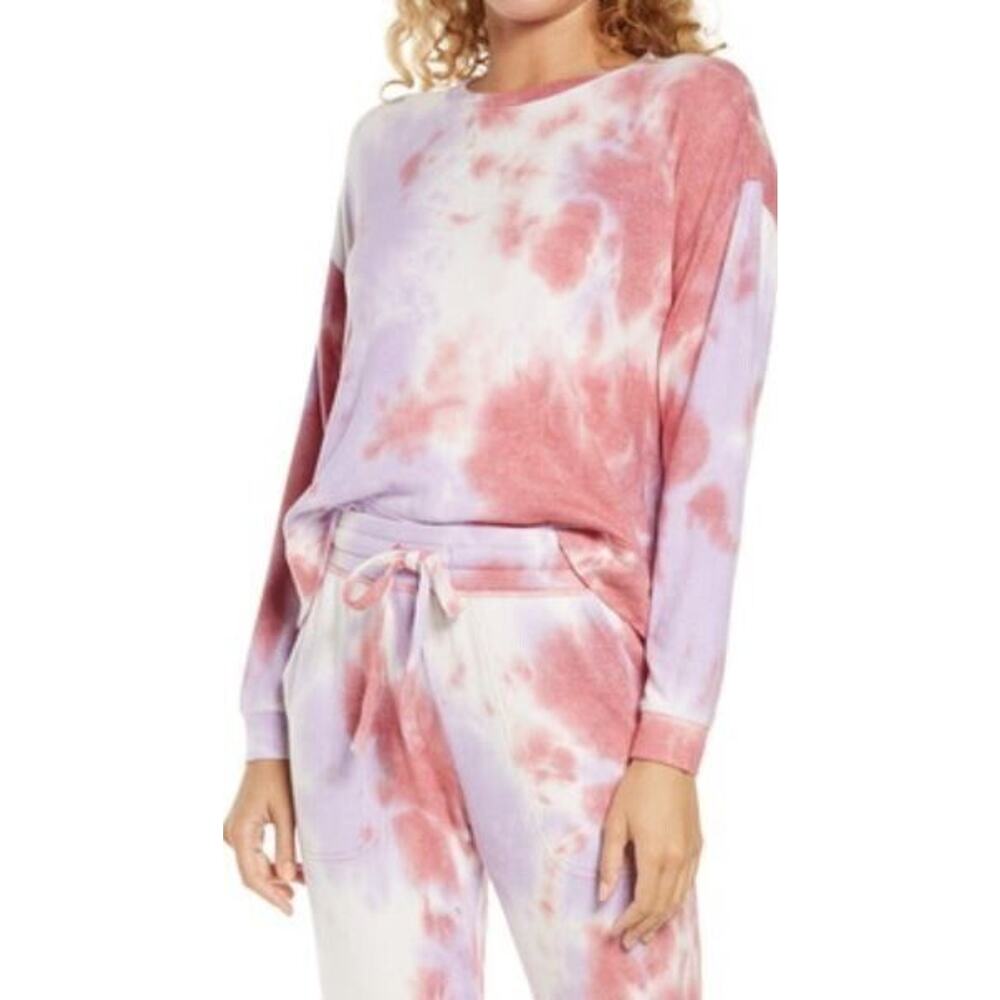 BP Women's Comfy Long Sleeve Crewneck Sleep Lounge Top in Purple Tie Dye XS $39